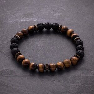 Stainless Steel Antiqued 6mm Tigers Eye & Lava Stone Stretch Bracelet